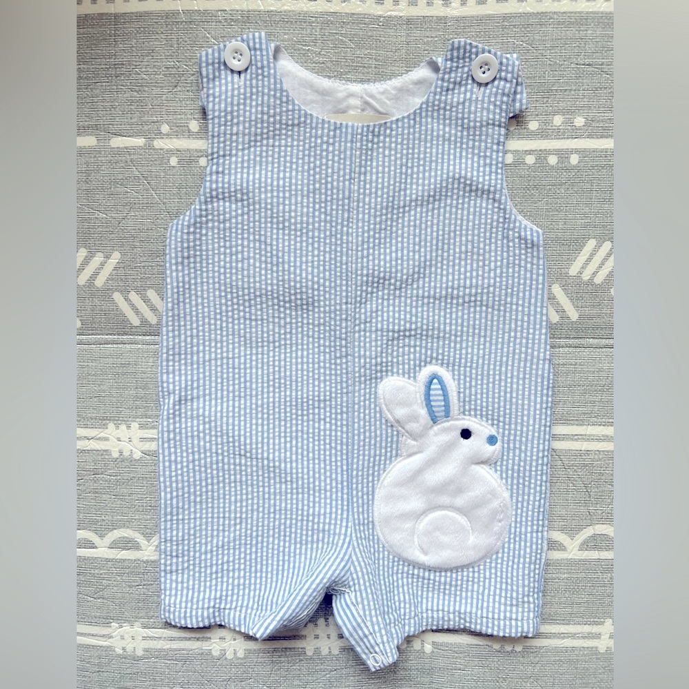 Lil Cactus Light Blue Seersucker Fuzzy Bunny Shortalls Easter Romper 6-12m